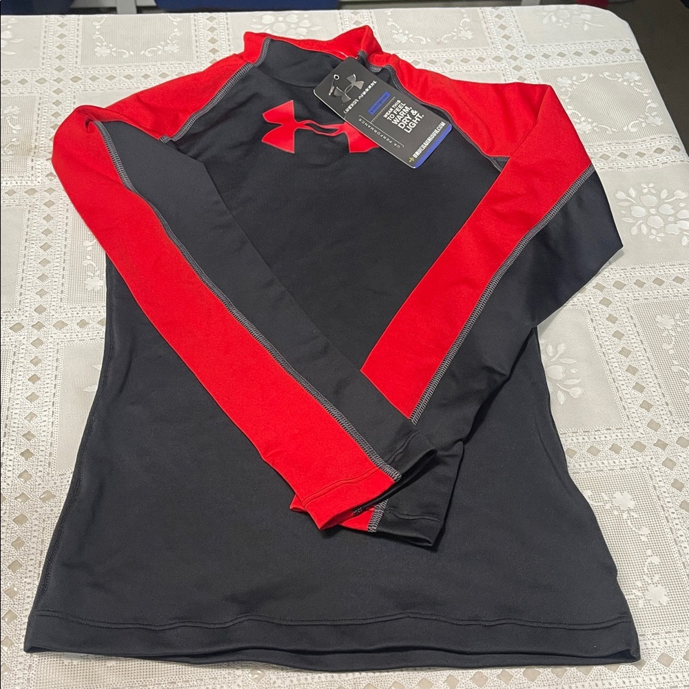 Under Armour Fitted Coldgear Boys Compression Long Sleeve T Shirt Black Red